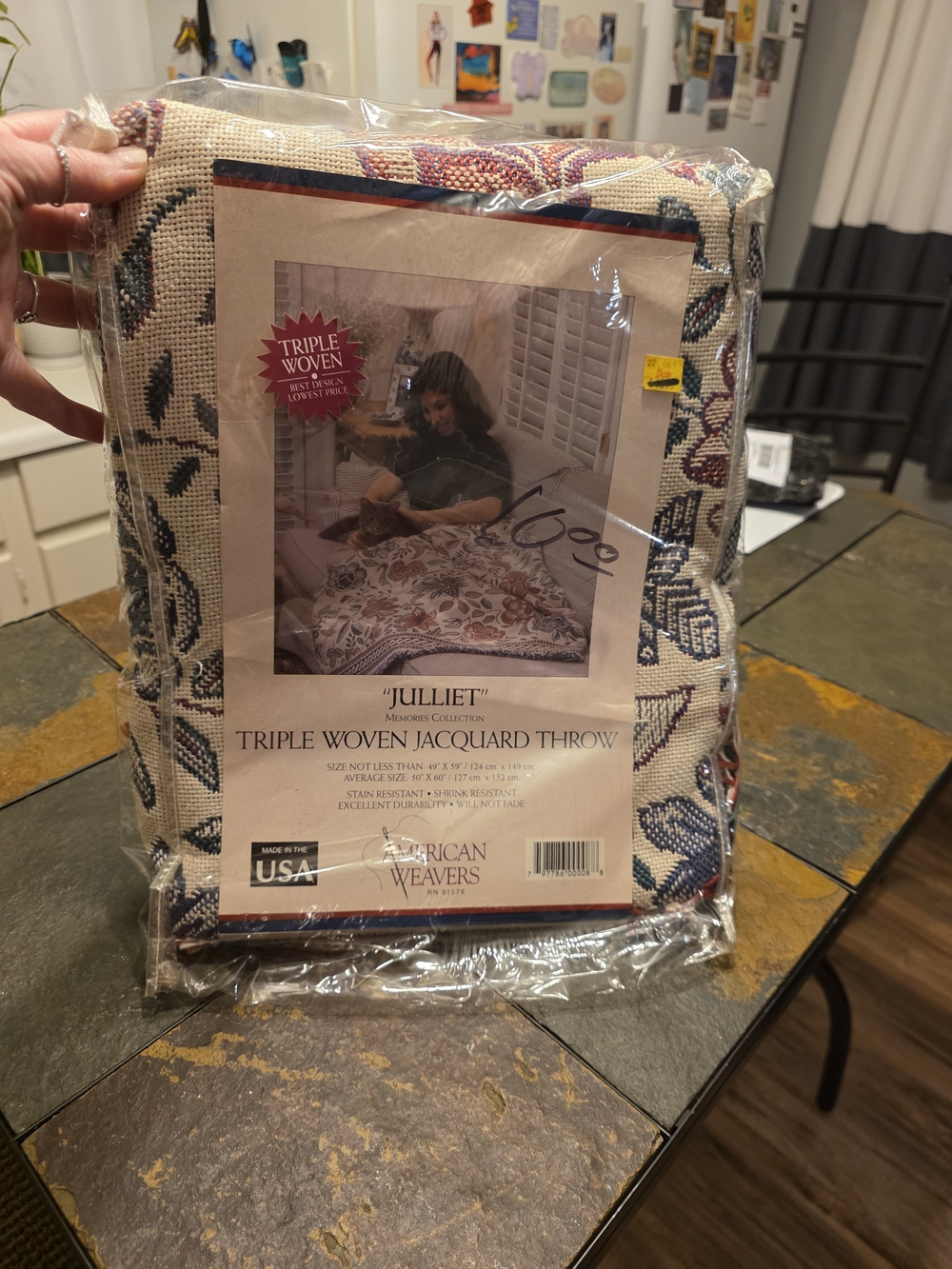 "Julliet" Triple Woven Jacquard Throw - Cream with Blue & Red Accents